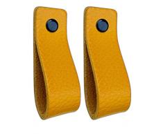 Maniglie di Cuoio | Giallo Ocra / 2 pezzi | 16,5 x 2,5 cm | Pelle di buona qualita | 3 viti colorate | Maniglie di pelle per mobili: la cucina, armadio, porta, comodino