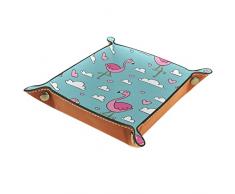XaKrn Modello di Fenicottero Rosa Nuvole Blu Cielo Valet Vassoio in Pelle Catchall Vassoio Gioielli Dadi Box Comodino Vassoio Pu Cuoio Catchall Vassoio Comodino Comodino Caddy Dadi Holder 20.5x20.5cm