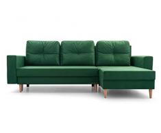 Piccolo divano letto angolare, trasformabile e reversibile con box contenitore, 3/4 posti, in tessuto, per soggiorno e salone, 232 x 137 x 84 cm, Carl, verde bottiglia