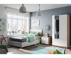 EGLEMTEK Mobile Ibiza Testiera Testata + Comodino Comò con 2 cassetti Camera Cameretta Bambini Singolo 100 x 50 cm Colore Bianco e Rovere Naturale