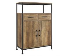 HOMECHO Cassettiera da Terra Ampia con 2 Cassetti e Doppia Porta Armadietto, Armadietto Legno con Ante Mobili Soggiorno, Armadio da Pavimento, Design Industriale, Marrone, 64 x 30 x 91.3cm