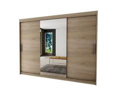 Armadio da camera con 3 ante scorrevoli e specchio, guardaroba (bastone) con ripiani (L x A x P): 250 x 200 x 62 cm, Torm 1, rovere sonoma