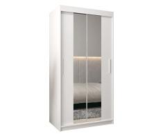 ABIKSMEBLE Tokyo 1 100 Armadio da Camera a Due Ante Scorrevoli - Armadio Moderno con Specchio, Barra e Ripiani - 100x200x62 cm (L x A x P) - Bianco Opaco