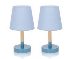 Aigostar 2 Pezzi Lampada da Tavolo, Piccola Lampada da Comodino Moderna in Legno, Lampada da Scrivania con Paralume in Tessuto Blu e Base in Metallo Portalampada E14, Vintage per Camera, Soggiorno