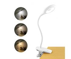 3W Lampada da Lettura Letto Ricaricabile con Pinza, 28 LED, Lampade da Comodino Senza Filo, 3 Colore e 3 Intensità, Lampada da Scrivania Touch a Pile, Mini Luce Notturna da Lettura, Bianco