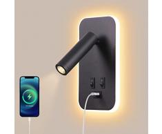 AWEKLIY Lampada da Parete a LED, Luce da Lettura da Comodino con Interruttore, Porta di Ricarica USB, Faretto Regolabile Luce Ambientale per Camera da Letto (3W Luce Naturale + 9W Luce Calda) Nero