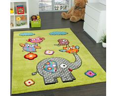 Paco Home Tappeto per Bambini con Elefante Gufi Fiori Amici Animali Verde Rosso Grigio Blu, Dimensione:80x150 cm