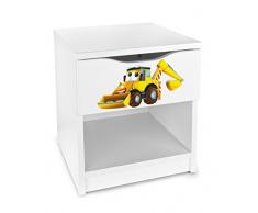 Leomark Comodino Moderno in Legno con cassetto e scompartimento apertoin, Comodino per Bambini, Colore Bianco con Motivo Escavatore, Dimensioni: 40cm x 38cm x 42cm (LxWxH)