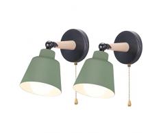 iDEGU 2 Pezzi Applique da Parete Interno Retrò Lampade da Parete Vintage in Metallo e Legno Moderne Lampada a Muro Orientabile con Interruttore E27 Luce da Camera da Letto Soggiorno (Verde Oliva)
