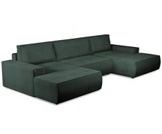 Vente-unique - Divano letto angolare panoramico in Velluto a coste Verde scuro AMELIA