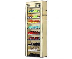 BAKAJI Scarpiera Armadio Salvaspazio 11 Ripiani 60x30x175cm Fino a 30 Paia di Scarpe Struttura Acciaio e Rivestimento in Tessuto TNT Impermeabile con Chiusura Zip Antipolvere (Beige)