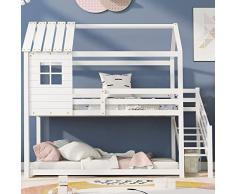 KecDuey Letto a castello 200 x 90 cm, letto con scala angolare, letto per bambini, con protezione anticaduta e griglia, con finestra, telaio in pino (bianco)