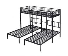 Letto tripla a castello con scaletta per bambini e ragazzi, letto in ferro con griglia e tavolo, colore: nero