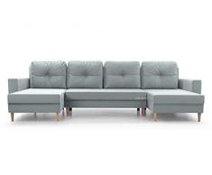 Ampio divano angolare XXL a U panoramico convertibile in letto con contenitore, 6/7 posti, in tessuto, per soggiorno e salone, 300 x 137 x 84 cm, Carl U, grigio chiaro