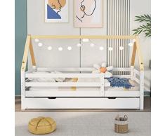 Letto per casa sullalbero, letto singolo, letto per bambini, letto estraibile, letto scorrevole con ruote inferiori, in legno massello, bianco, sedia da tetto color naturale (200 x 90 cm)