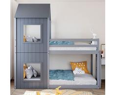 Moimhear Letto a castello, 90 x 200 cm, profondità del pavimento, con rete a doghe, scala e baldacchino (grigio)