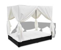 vidaXL Lettino Prendisole in Polyrattan con Tende Nero Letto Sdraio Giardino