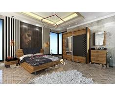 Camera da Letto Matrimoniale con Armadio 2 Ante scorrevoli Specchio Letto 2 Comodini Comò 3 Cassetti Stanza da Letto Completa Nero e Castagno Naturale CDLU24