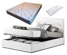 SARDAMATERASSI- Letto 1 piazza e mezza con box contenitore similpelle bianco e rete inclusa + materasso whaterfoam 24 cm ortopedico +guanciale fibra 3d aloe vera omaggio