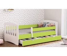 Wonderhome24 Letto per Bambini con Materasso 140x70 160x80 180x80 con sponda anticaduta con barriera cassettone Estraibile e Telaio a doghe per Bambini e Bambine - Classico - Verde - 80 x 160 cm