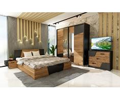 Camera da Letto Matrimoniale Completa Nera e Rovere Scuro con Armadio a 2 Ante Scorrevoli con Specchio Letto Matrimoniale 2 Comodini e 1 Comò CDLU33