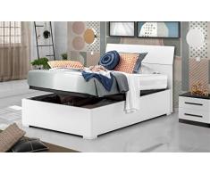 Letto una piazza e mezza contenitore bianco, rete ortopedica a doghe in legno cm. 133 x 209 x 100 cm.