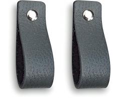 Maniglie di Cuoio | Grigio / 2 pezzi | 16,5 x 2,5 cm | Pelle di buona qualita | 3 viti colorate | Maniglie di pelle per mobili: la cucina, armadio, porta, comodino
