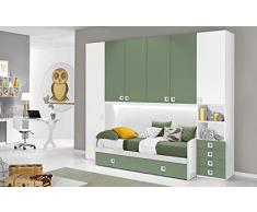 Dafne Italian Design Cameretta Completa a Ponte - Bianco, Salvia (Doppio Letto Singolo e Armadio) (cm. 300 x 96 x 259h)