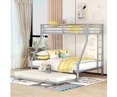 Moimhear Letto a castello, letto in metallo con letto estraibile, con scala su entrambi i lati per bambini, adolescenti, adulti, facile da montare, 90(140) x200cm, argento