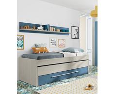 Dmora Struttura Secondo Letto Estraibile con cassettone e Una mensola Coordinata a Muro, Colore Bianco Effetto Legno Chiaro e Azzurro, cm 199 x 65 x 95