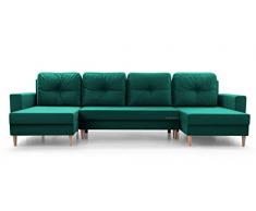 Ampio divano angolare XXL a U panoramico convertibile in letto con contenitore, 6/7 posti, in tessuto, per soggiorno e salone, 300 x 137 x 84 cm, Carl U, verde mare