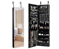 RELAX4LIFE Armadietto Portagioie con Specchio a Figura Intera ({con 2 Luci Interne} 35,5x10x120cm, Nero)