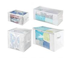 mDesign Set da 4 Scatole per armadi con cerniere e finestre - Scatole contenitori in plastica e fibra sintetica di misure diverse - Scatole per vestiti, lenzuola, accessori - bianco e trasparente