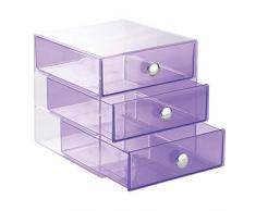 InterDesign Drawers | Contenitore a scomparti con 3 cassetti | Mini cassettiera Portagioielli e make-up | pratico Organizer ufficio | Plastica trasparente/viola