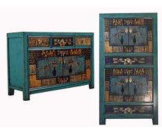 OPIUM OUTLET Combinazione di armadio cinese e comò, credenza, credenza in stile coloniale shabby chic, motivi colorati