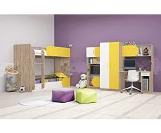 Cameretta Completa Cameretta Moderna con Armadio Scrivania Letto a Castello Ripiani Camera da Letto Bambini Rovere Scuro Bianco e Giallo CBG1