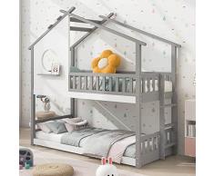 Azkoeesy Letto a castello, 90 x 200 cm, con recinzione, con finestra, struttura in legno di pino, max 100 kg (grigio)