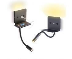 BarcelonaLED - Lampada da parete a LED in alluminio nero per lettura, 6 W, con faretto flessibile da 3 W, bianco caldo orientabile, base di ricarica USB, per camera da letto, testiera
