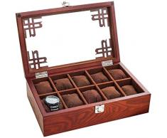 Cassapanca portaoggetti vintage in legno con piano in vetro per oltre 10 orologi con morbidi cuscini regolabili e profondità elevata per orologi più grandi