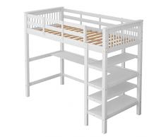 KecDuey Letto a castello, letto a soppalco per bambini con rete a doghe in legno, con scale, ripiani e scrivania sotto il letto (bianco, 90 x 200 cm)