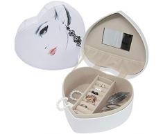 BAKAJI Portagioie con Specchio Scatola Forma Cuore Custodia Porta Gioielli in Eco Pelle con 3 Scomparti Portagioielli Stampa Donna Dimensione 19 x 17 x 9 cm per Camera da Letto Casa