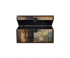 Cassapanca SJ12295 Buddha, baule in legno con rivestimento in tela di alta qualità, stile vintage, forziere del tesoro, scatola dei pirati, piccoli mobili con guarnizioni in metallo, effetto anticato, legno, diverse dimensioni,