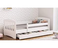 Letto per Bambini Singolo 140x70 160x80 180x80 con sponda anticaduta con barriera cassettone Estraibile e Telaio a doghe per Bambini e Bambine - Classico - Bianco - 80 x 180 cm (Senza Materasso)