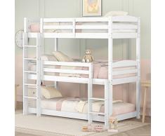 KecDuey Letto a tre letti a castello per bambini, 90 x 200 cm, letto a castello per tre, rimovibile in letto singolo, letto matrimoniale persone, letto per gli ospiti in pino (bianco)