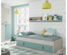 Dmora Struttura Secondo Letto Estraibile con cassettone e Una mensola Coordinata a Muro, Colore Bianco Effetto Legno Chiaro e Verde Acqua, cm 199 x 65 x 95