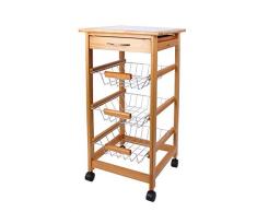FGC Carrello Portaoggetti Multiuso da Cucina, Mobile in Legno di Ciliegio Salvaspazio a Ruote, con 1 Ripiano a Mattonelle Bianche, 1 Cassetto e 3 Cestelli Estraibili in Metallo, per la Casa