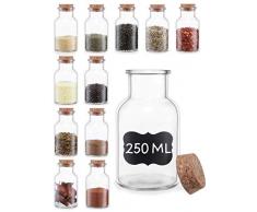 Praknu Set di 12 Vasetti Porta Spezie in Vetro da 250ml - Coperchio in Sughero - Barattoli per Spezie Ermetici - Con Etichette