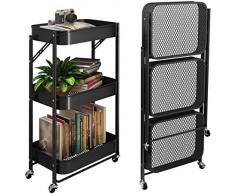 Carrello Portaoggetti Pieghevole In Metallo A 3 Livelli O Carrello Da Cucina Con Ruote Carrello Su Ruote Per Montaggio Libero, Nessuna Installazione A Vite Carrello Pieghevole Per Riporr(Color:nero)