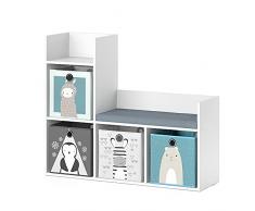 Vicco Scaffale per bambini Libreria Panchina Luigi bianco (contenitore pieghevole per bambini) Scaffale giocattolo