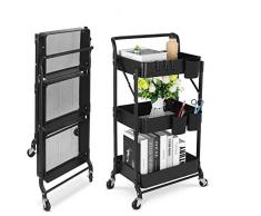 Shrivee Carrello da cucina a 3 livelli, pieghevole, in metallo, con ruote, scaffale, organizzatore, scaffale da cucina, carrello pieghevole multiuso per cucina, bagno, ufficio (nero)